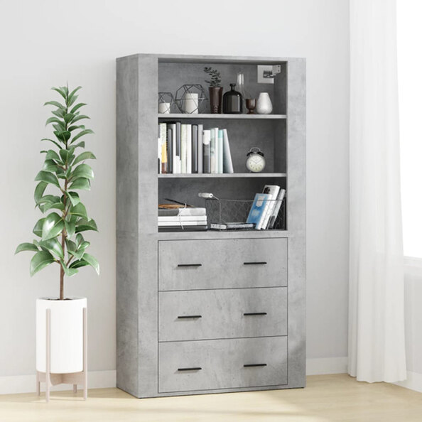 Ailie Wooden Highboard With 3 Drawers 2 Shelves In Concrete Effect