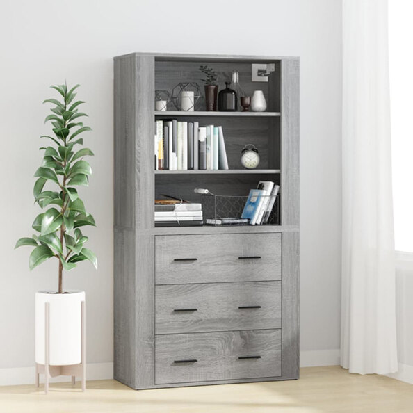 Ailie Wooden Highboard With 3 Drawers 2 Shelves In Grey Sonoma Oak