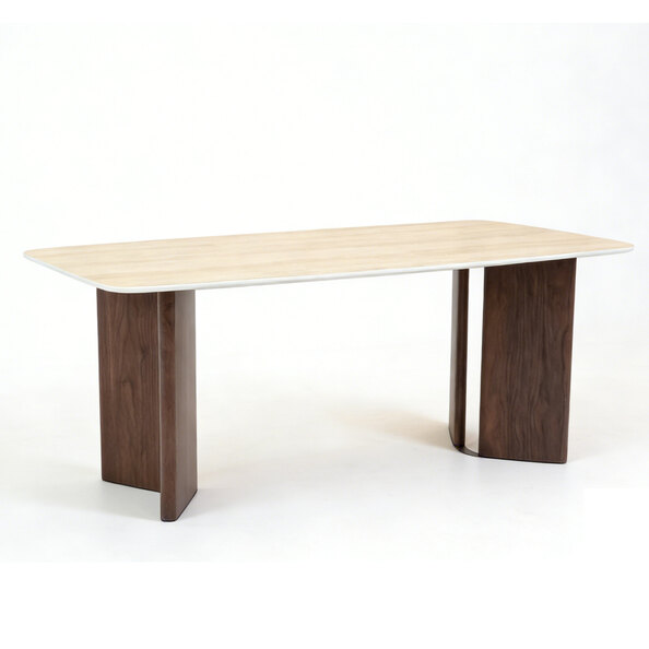 Akiharu Travertine Marble Effect Sintered Stone Top Dining Table with Walnut Wooden Base