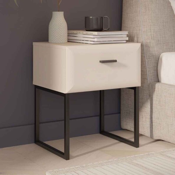 Akihiro Wooden Bedside Cabinet with 1 Drawer and Black Metal Legs in White