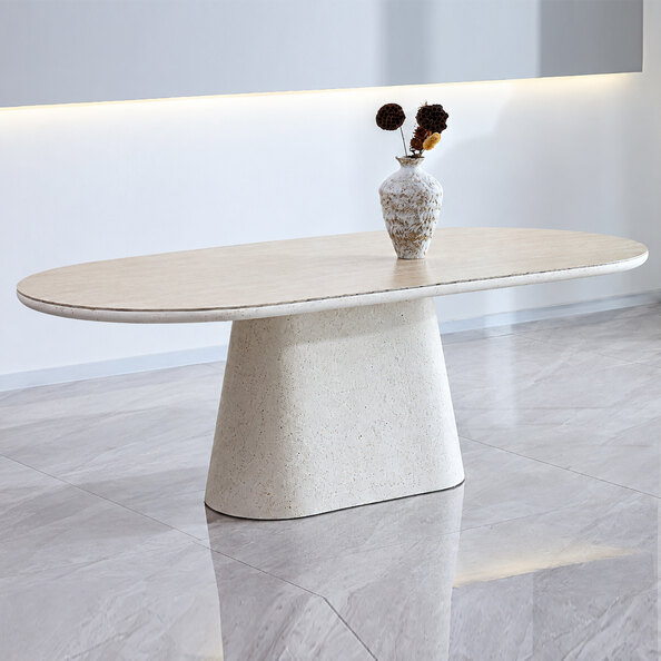 Akisora Large Travertine Marble Effect Sintered Stone Top Dining Table with Ivory Base