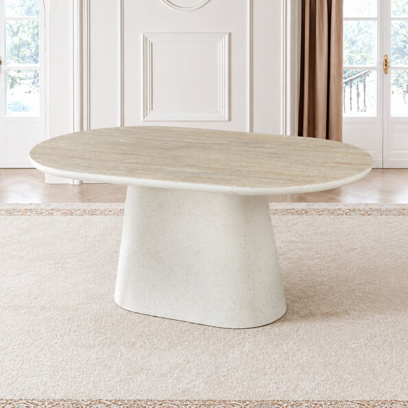 Akisora Small Travertine Marble Effect Sintered Stone Top Dining Table with Ivory Base