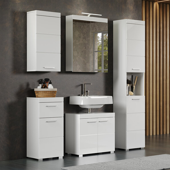 Akito High Gloss Bathroom Furniture Set with 8 Doors in White and LED