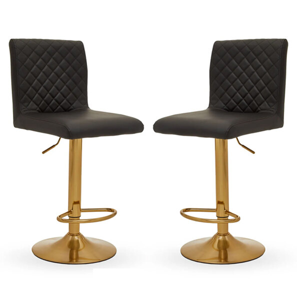 Baino Black Leather Bar Chairs With Round Gold Base In A Pair