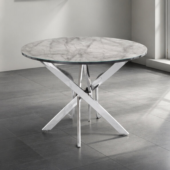 Alaric Round White Grey Marble Effect Top Dining Table with Chrome Metal Legs