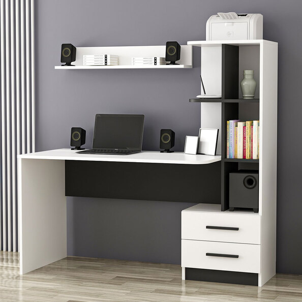 Alaska Wooden Computer Desk with 2 Wall Shelf in White and Black