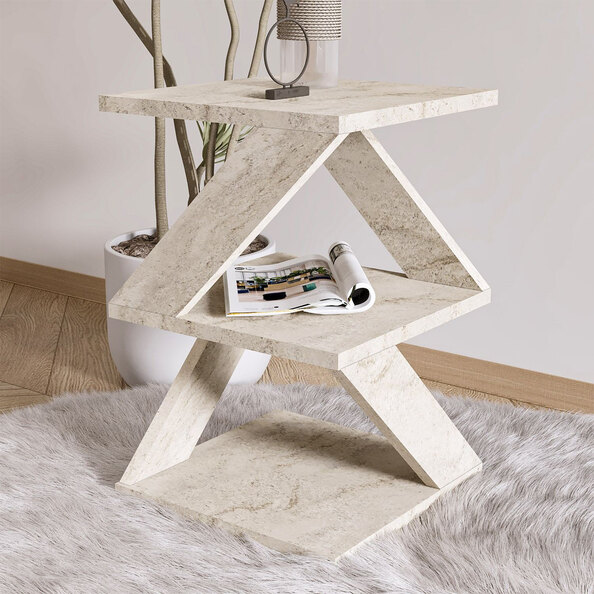 Albeni Wooden Side Table in Travertine Marble Effect