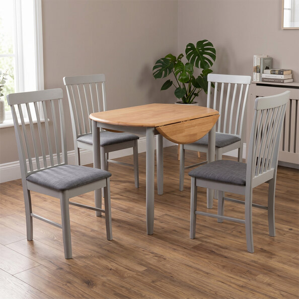 Alcor Round Wooden Drop Leaf Dining Table With 4 Chairs In Oak And Grey