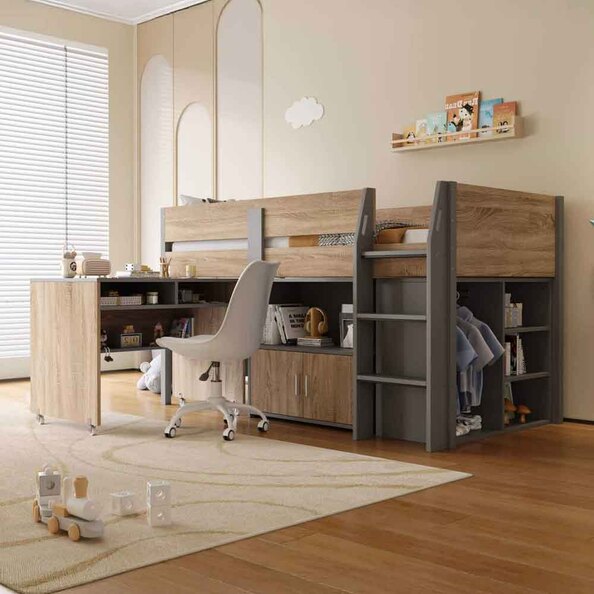 Alden Wooden Mid Sleeper Bunk Bed in Grey and Medium Oak