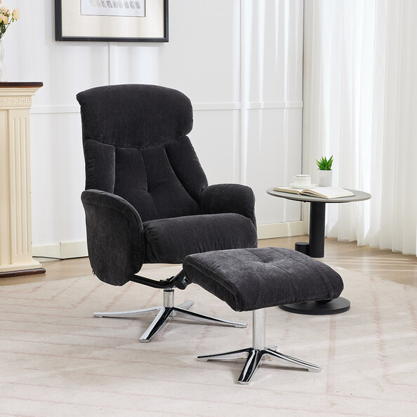 Aldrich Fabric Swivel Recliner Chair with Footstool in Black