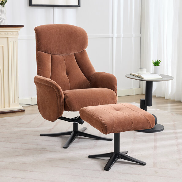 Aldrich Fabric Swivel Recliner Chair with Footstool in Caramel