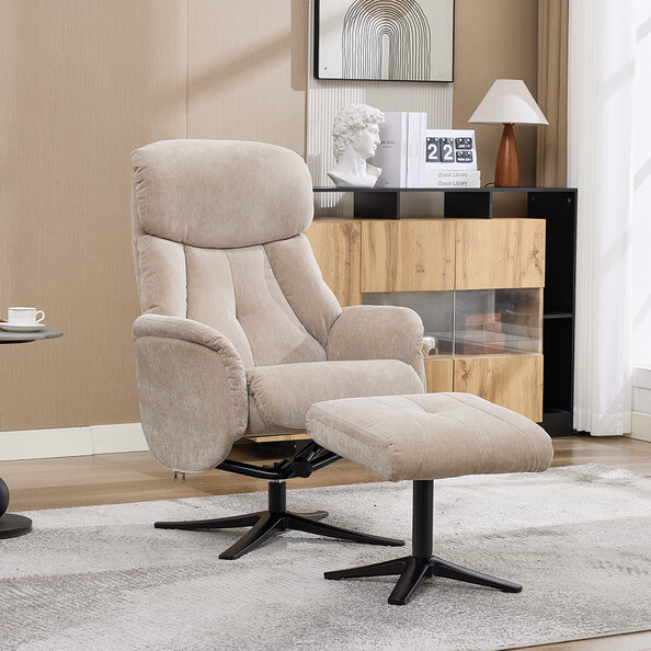 Aldrich Fabric Swivel Recliner Chair with Footstool in Mushroom