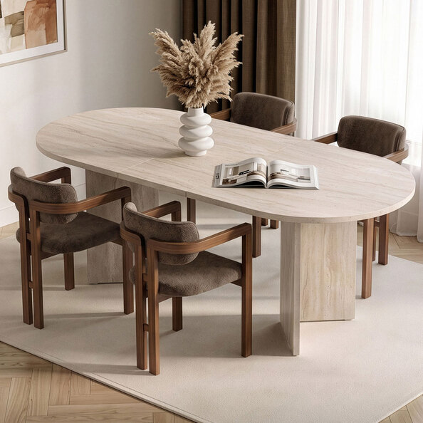Aleria Travertine Marble Effect Wooden Extending Dining Table with 4 Chairs in Walnut and Brown
