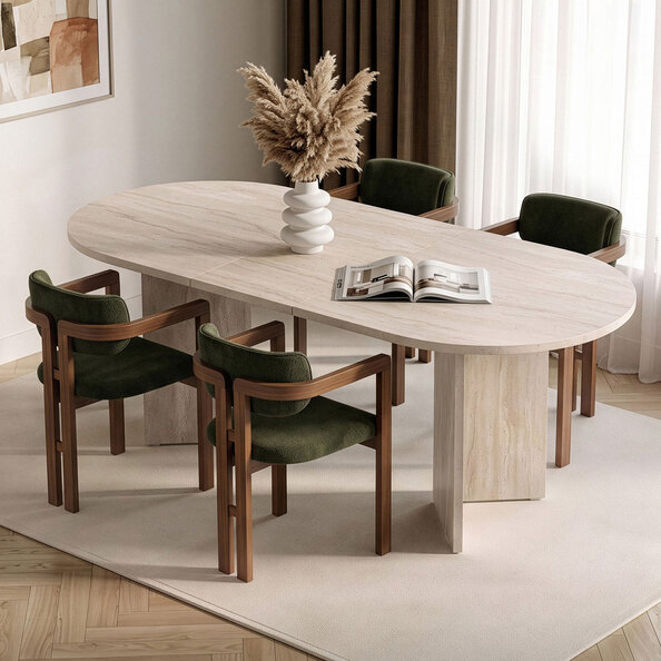 Aleria Travertine Marble Effect Wooden Extending Dining Table with 4 Chairs in Walnut and Green