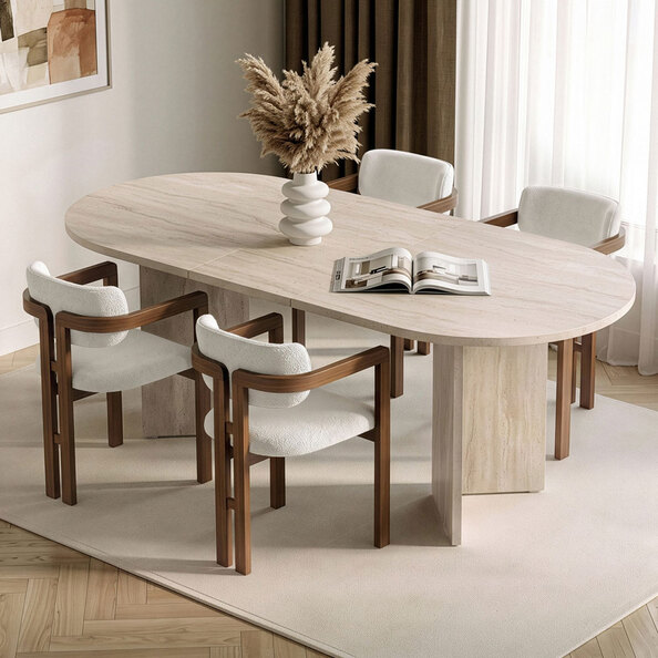 Aleria Travertine Marble Effect Wooden Extending Dining Table with 4 Chairs in Walnut and White