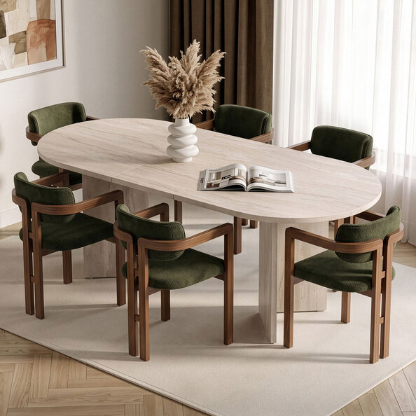 Aleria Travertine Marble Effect Wooden Extending Dining Table with 6 Chairs in Walnut and Green