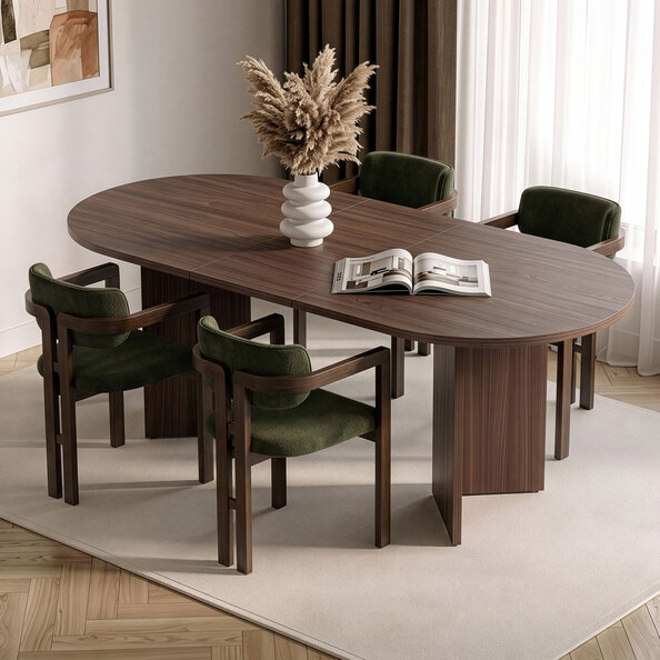 Aleria Wooden Extending Dining Table with 4 Chairs in Walnut and Green
