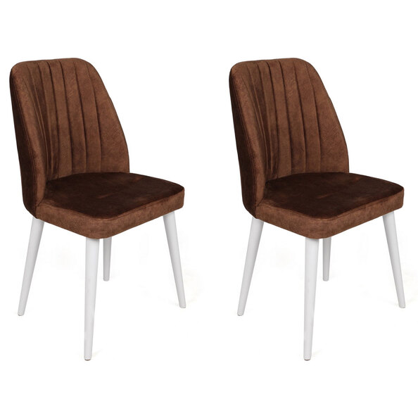Alfa Brown Velvet Dining Chairs with White Legs in Pair