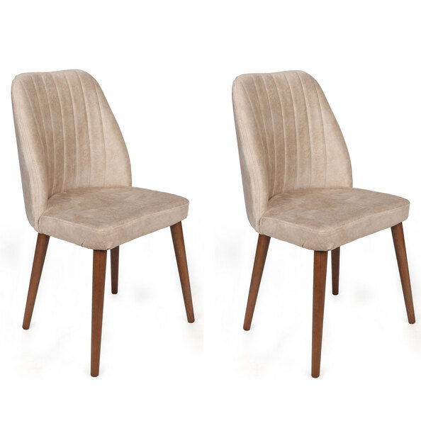 Alfa Cream Velvet Dining Chairs with Walnut Legs in Pair
