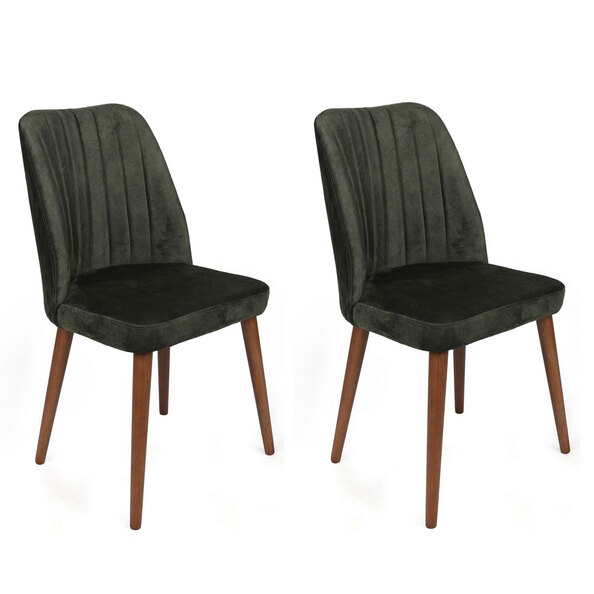Alfa Khaki Velvet Dining Chairs with Walnut Legs in Pair