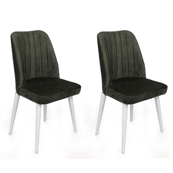 Alfa Khaki Velvet Dining Chairs with White Legs in Pair