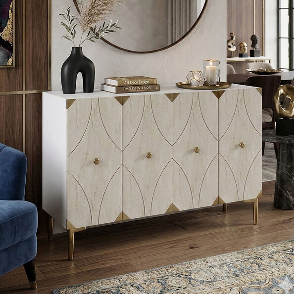 Alfa Wooden Sideboard with 4 Doors in Gold And Travertine Marble Effect