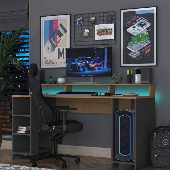 Algarve Wooden Computer Desk in Anthracite and Walnut with LED