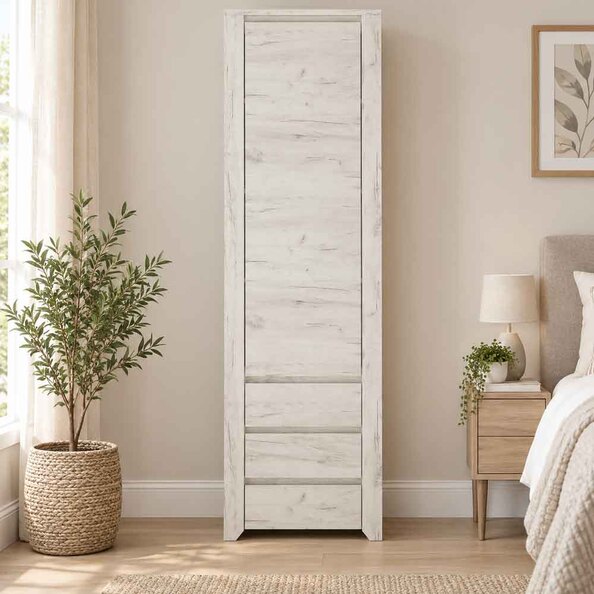 Alink Tall Wooden Cupboard with 1 Door 3 Drawers in White