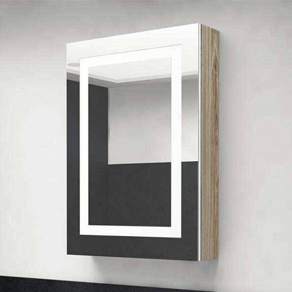Aliso Bathroom Mirrored Cabinet In White And Oak With LED