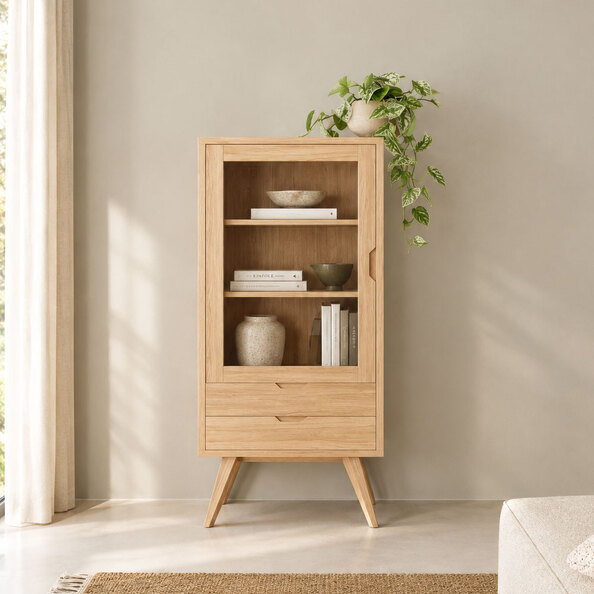 Alisto Wooden Display Cabinet with 1 Glass Door in White Oak