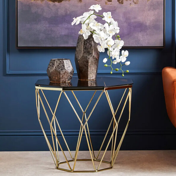 Allston Amber Glass Polygonal End Table With Bronze Frame
