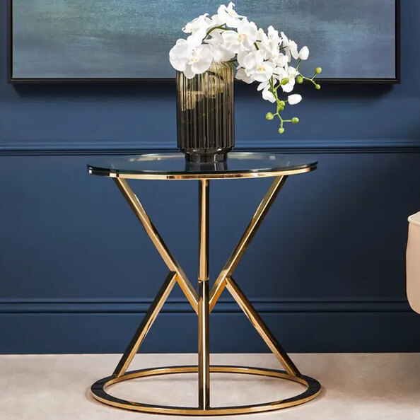 Allston Glass Round End Table With Corseted Champagne Frame