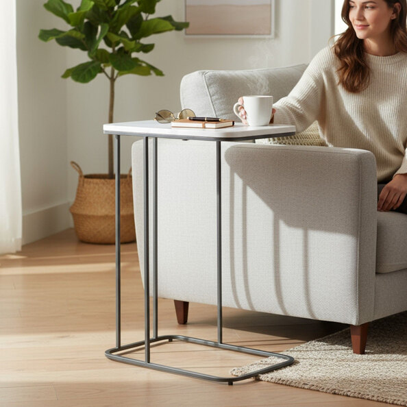 Almancil White Marble Effect Top Side Table with Tubular Steel Anthracite Base