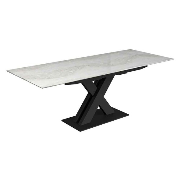 Altois Marble Top Extending Dining Table with Metal X-Shaped Base in Light Grey