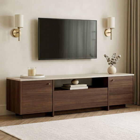 Alvar Wooden TV Stand in Travertine Marble Effect and Milano Walnut