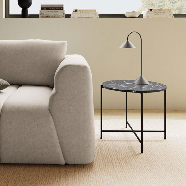 Alvina Round Black Marble Stone Effect Side Table with Steel Frame