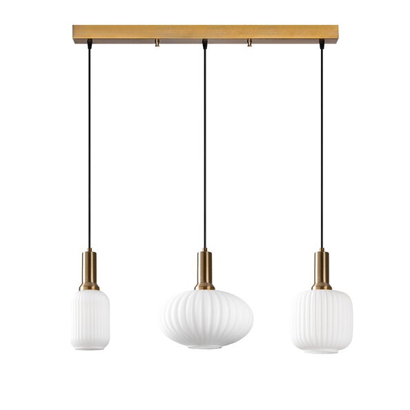 Asker 3 Light Metal Ribbed Glass Pendant Light in Gold and White