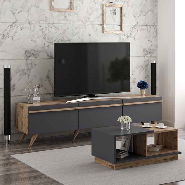 Amsterdam Wooden TV Stand and Coffee Table Set in Anthracite and Walnut