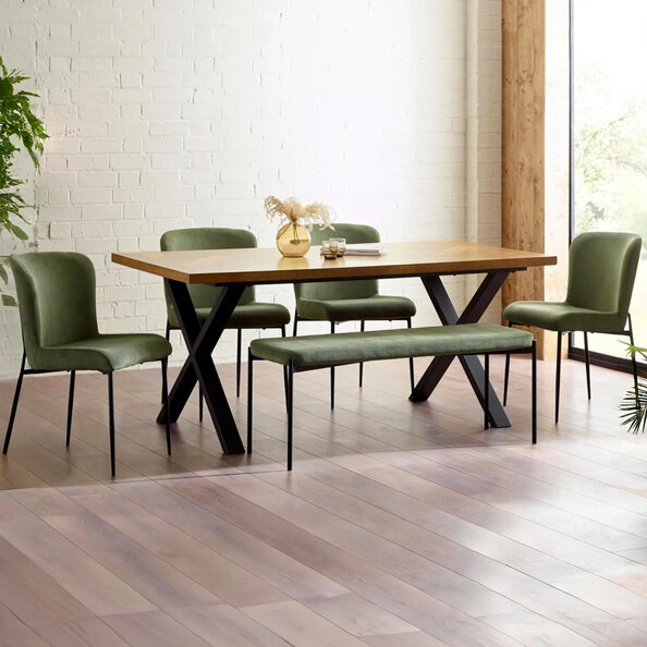 Angers Oak Wooden Dining Table With 4 Luling Green Chairs and 1 Bench