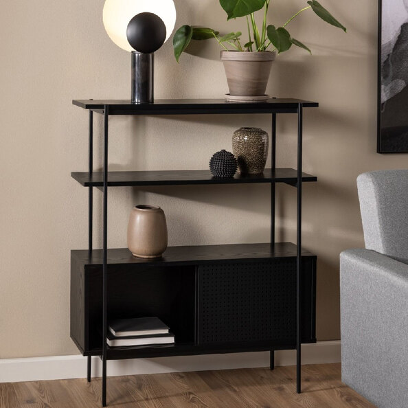 Angus Wooden Bookcase With 2 Sliding Doors In Black