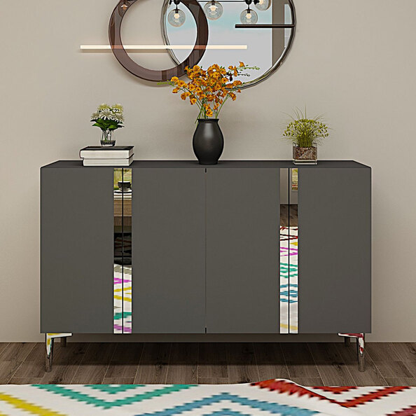 Anka Wooden Sideboard with 4 Doors in Anthracite and Silver