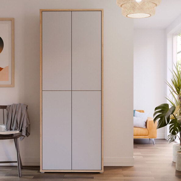 Ansley Wall Wooden Shoe Storage Cabinet with 4 Doors in Artisan Oak and Light Grey