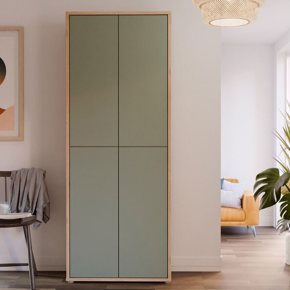 Ansley Wall Wooden Shoe Storage Cabinet with 4 Doors in Artisan Oak and Sage Green