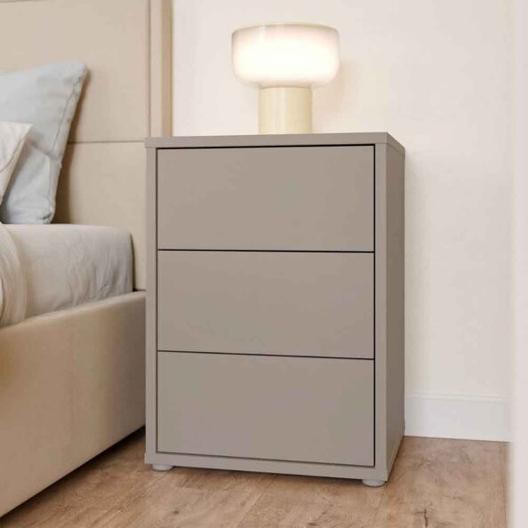 Ansley Wooden Bedside Cabinet with 3 Drawers in Taupe