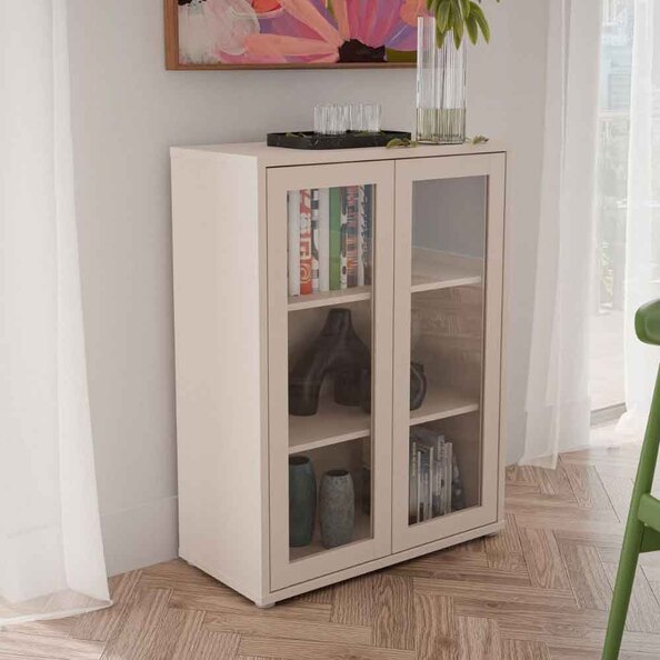 Ansley Wooden Display Cabinet with 2 Glass Doors in Sand