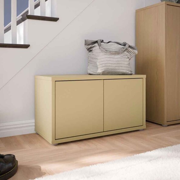 Ansley Wooden Hallway Seating Bench with 2 Doors in Butter Yellow
