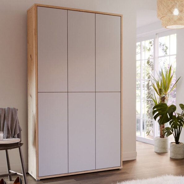 Ansley Wooden Shoe Storage Cabinet with 6 Light Grey Doors in Artisan Oak