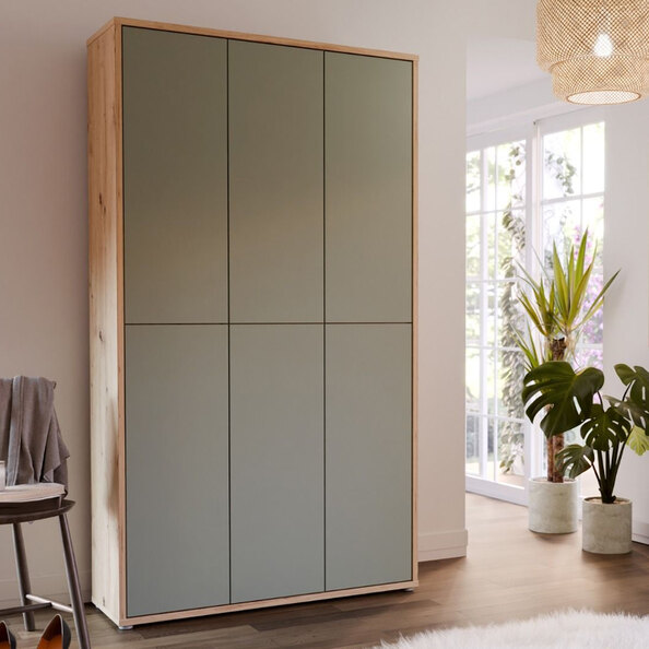 Ansley Wooden Shoe Storage Cabinet with 6 Sage Green Doors in Artisan Oak