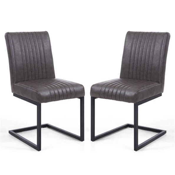 Aboba Grey Leather Dining Chairs With Metal Legs In Pair