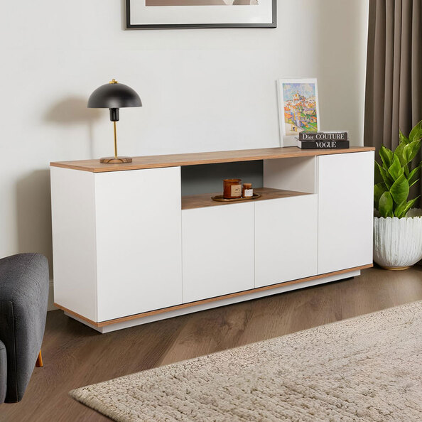 Arista Wooden TV Sideboard with 4 Doors in White and Atlantic Pine